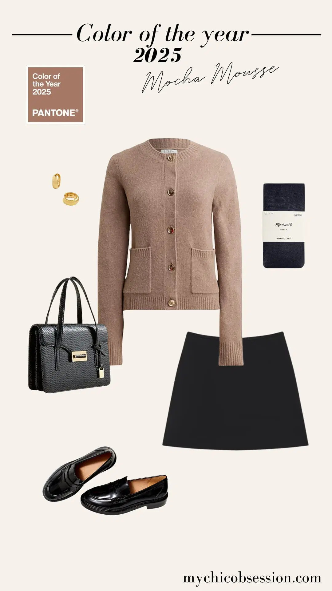Create this elegant, expensive-looking outfit by pairing a cardigan, mini skirt, tights, and loafers. The gold buttons and front pockets on this cardigan from J.Crew add such an elegant, sophisticated feel to the look. The flattering mocha mousse color and extra soft yarn make it a staple in your closet. 

 #LTKSeasonal #LTKStyleTip #LTKWorkwear