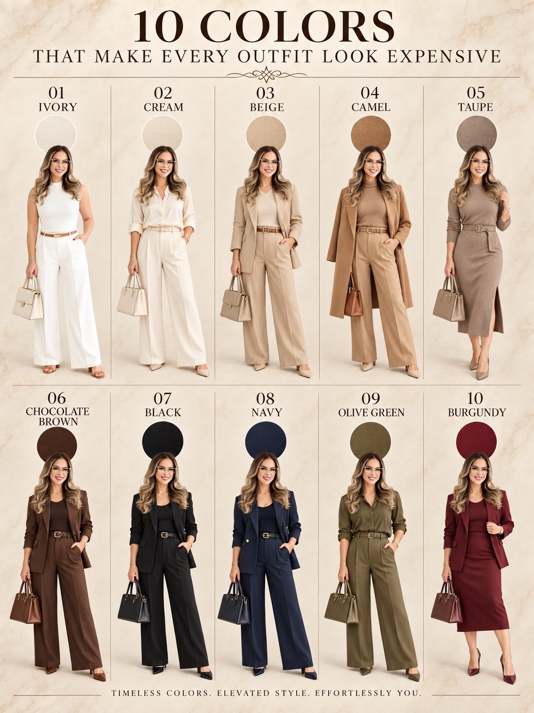 10 COLORS THAT ALWAYS LOOK EXPENSIVE 🤎

If you’re trying to build a wardrobe that feels polished, elevated and easy to mix + match, start here.

Ivory • Cream • Beige • Camel • Taupe • Chocolate Brown • Black • Navy • Olive • Burgundy

These are the shades I reach for when I want an outfit to look instantly more put together — without overthinking it. The best part? They all work beautifully together, so you can create endless combinations from pieces already in your closet.

Save this as your fall wardrobe color cheat sheet ✨

I linked some of my favorite elevated basics + pieces in these shades in my LTK.

Comment SHOP and I’ll send you the links. 🤎

#LTKStyle #LTKFashion #FallStyle

#LTKgrwm #LTKootd