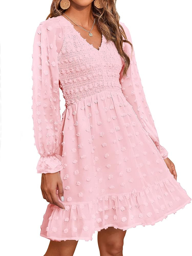 BTFBM Women Long Sleeve V Neck Smocked Short Dress Flowy Casual SwissDot Ruffle Mini Babydoll Spr... | Amazon (US)