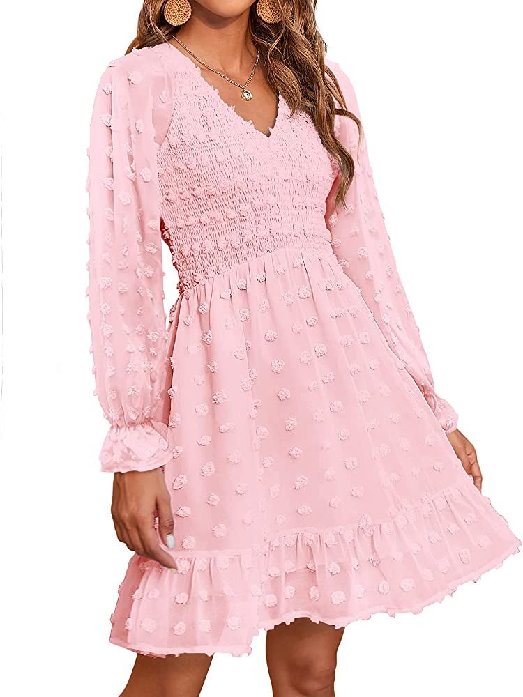 BTFBM Women Long Sleeve V Neck Smocked Short Dress Flowy Casual SwissDot Ruffle Mini Babydoll Spr... | Amazon (US)