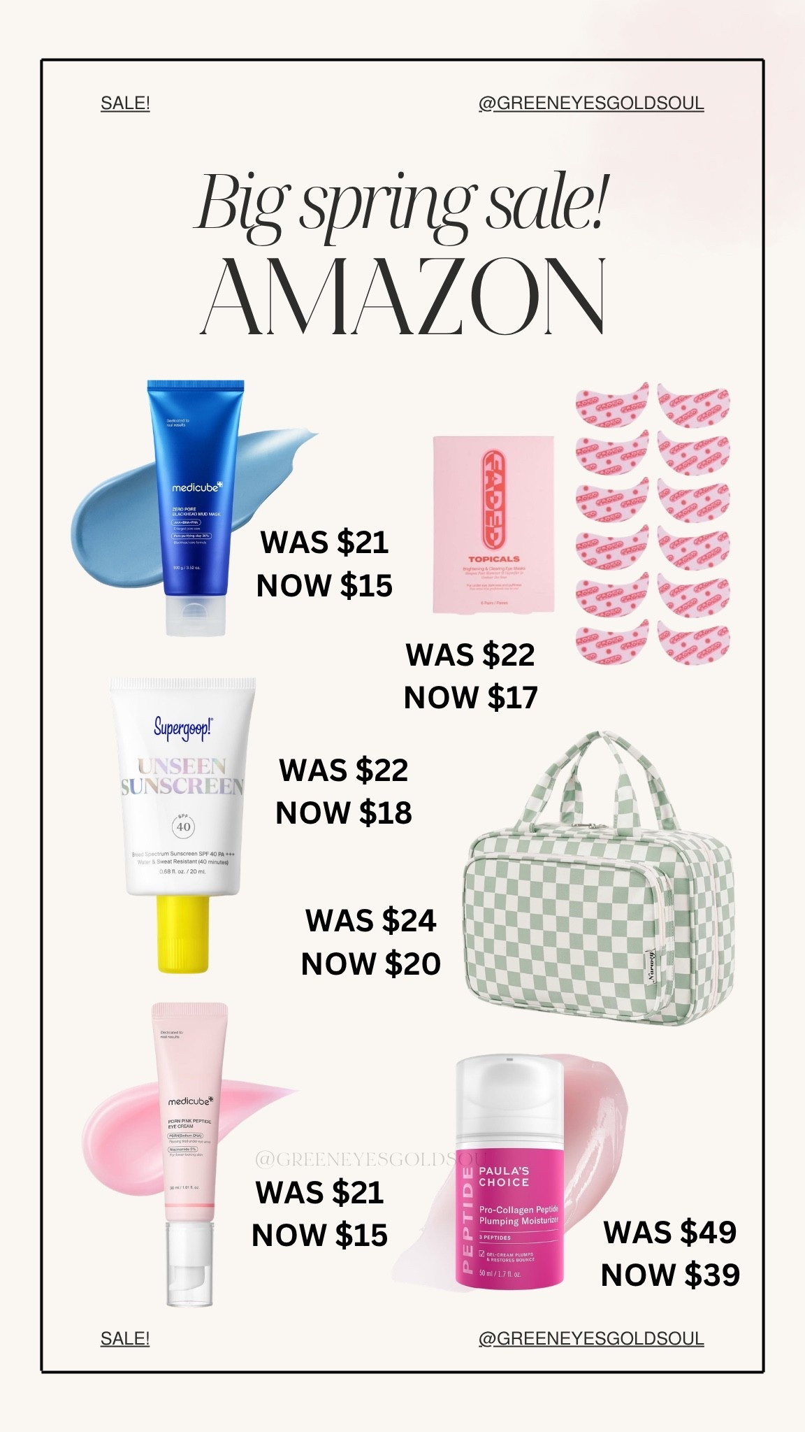 Amazon spring sale beauty finds ✨
Stocking up on my favorites while they’re on sale (these NEVER go this low)
Everything is linked in my LTK 🤍

Amazon beauty deals/Amazon skincare finds/Amazon spring sale beauty/skincare routine essentials/viral beauty products Amazon/affordable skincare finds/Amazon self care


#amazonbeauty #skincarefinds #amazonspringsale #beautydeals #selfcareessentials #viralamazon #ltkbeauty #ltkdeals #ltkunder50 #glowingskin #skincareroutine #amazonfavorites #beautyfinds #salealert


#LTKSaleAlert #LTKBeauty #LTKgrwm