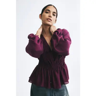 H&M Smocked Blouse in Dark Purple at Nordstrom, Size X-Small | Nordstrom