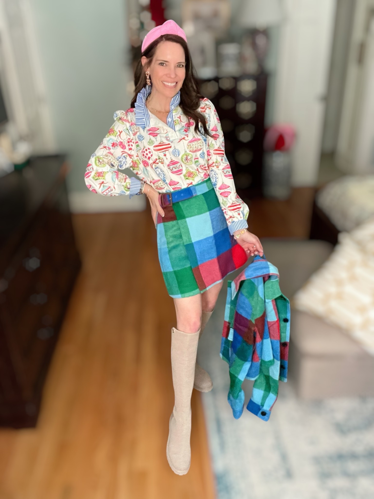 Fully leaning into festive but fun today and this outfit just makes me SMILE 🎄💗 I love how the ornament print blouse feels vintage Christmas-card sweet, and pairing it with the plaid patchwork skirt + matching jacket is such a colorful holiday moment! It’s giving grandmillennial Christmas party meets Blair Waldorf running to holiday brunch 😆✨

The boots are my favorite because they keep the look polished but super wearable — and the pink headband ties the whole palette together 🎀 (She is always invited.) You know I love a girly holiday look that feels playful and put-together 💋

Perfect for: cookie swap parties, Santa brunch, classroom events, Christmas Eve afternoon, or literally just being joyful on purpose ❄️💕

⸻

holiday outfit idea, colorful Christmas outfit, preppy holiday style, grandmillennial Christmas aesthetic, Walmart fashion holiday outfit, plaid skirt outfit winter, festive blouse outfit, girly Christmas outfit inspo, long boots outfit ideas, feminine winter outfit ideas, color-loving holiday style, Christmas party outfit inspiration, casual holiday outfit, classic preppy style with a twist 🎀💗💚💙✨


#LTKWorkwear #LTKHoliday #LTKFindsUnder50