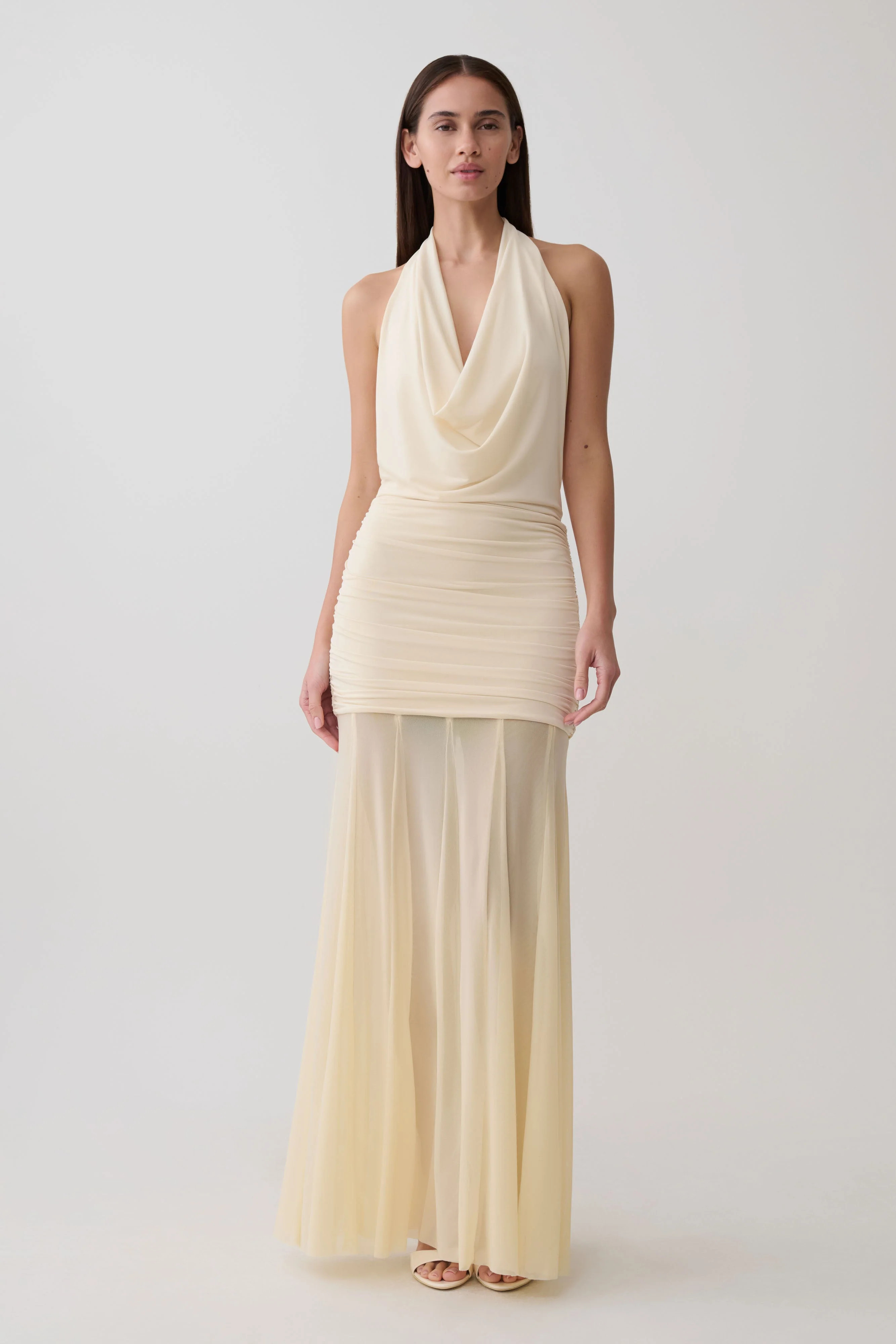 Jorja Draped Halter Slinky Maxi Dress - Ivory | Meshki UK