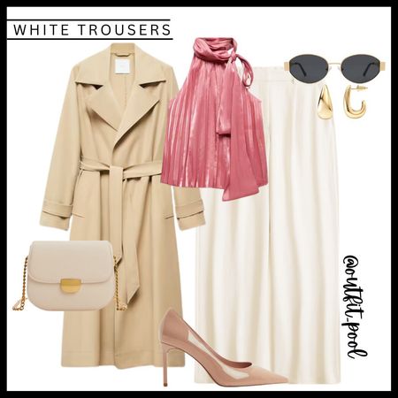 Pink top, white trousers, beige trench coat , nude pumps, white bag, spring outfit, mother's day outfit 

#LTKstyletip #LTKfindsunder100 #LTKshoecrush