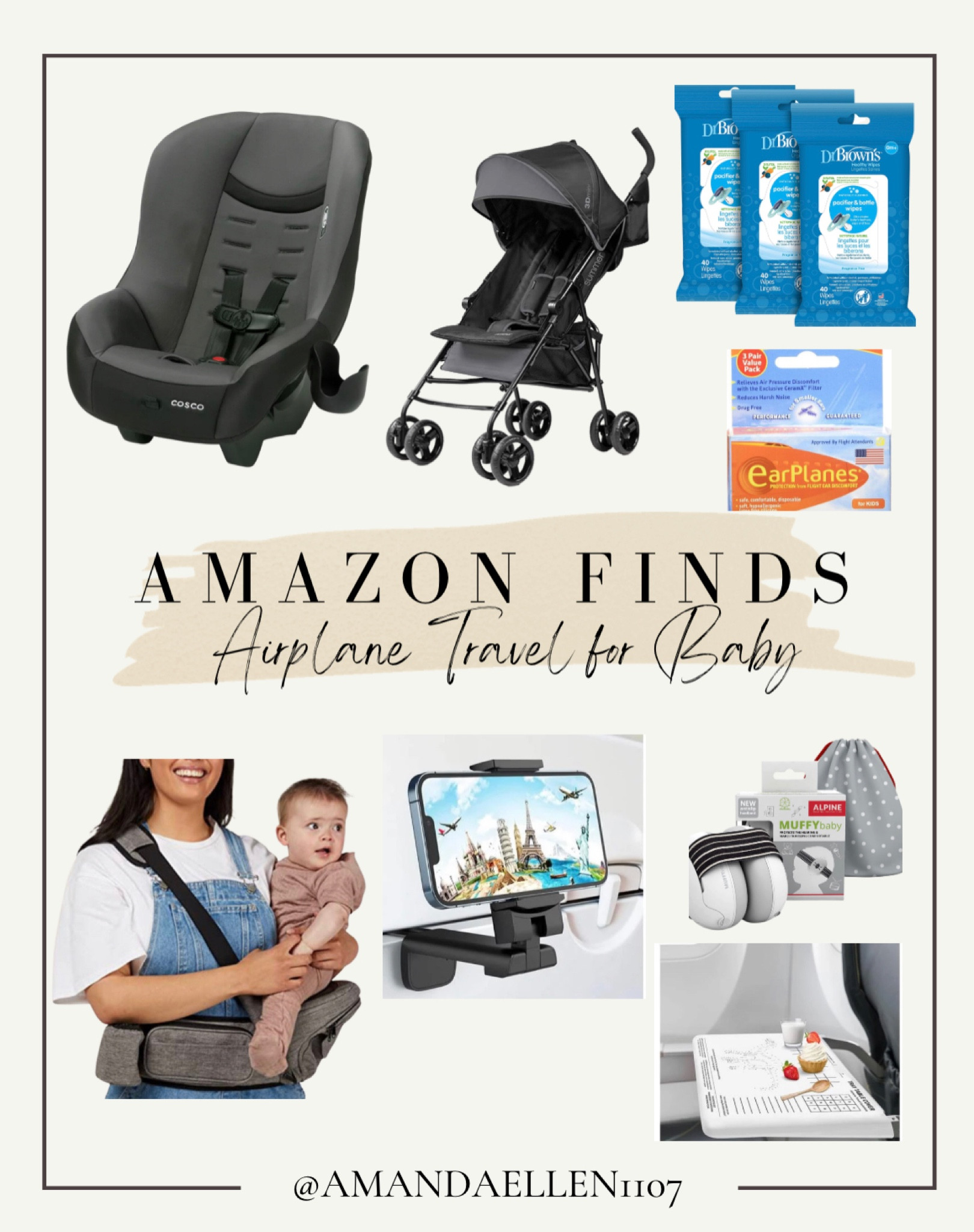 Some Travel necessities when traveling on an airplane with a baby. The cosco car seat is TSA approved and lightweight to carry in the airport. Also, the summer stroller is foldable and very lightweight for the airport as well. The carrier for a baby is great if your baby is anything like mine wants to be carried the entire time and this could help with carrying him or her around the airport. Also the holder for the phone to watch their shows to distract them. Earplanes are the best for the pressure for the plane and the headphones will help with the baby on the ride. 

#LTKbaby #LTKFind #LTKkids