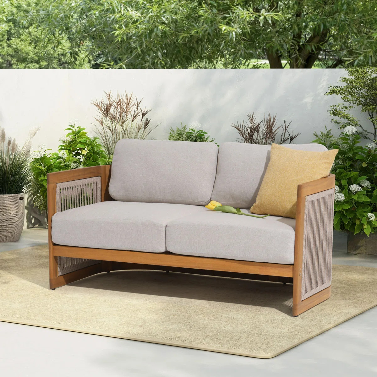 Collman Solid Acacia Wood Outdoor Loveseat with Cushions | Wayfair North America