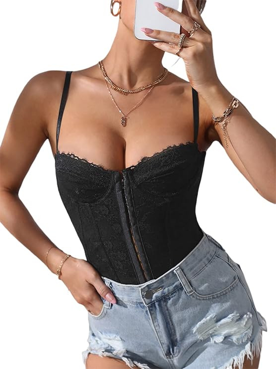 MakeMeChic Women's Lace Bustier Corset Top Spaghetti Strap Criss Cross Crop Cami Top | Amazon (US)
