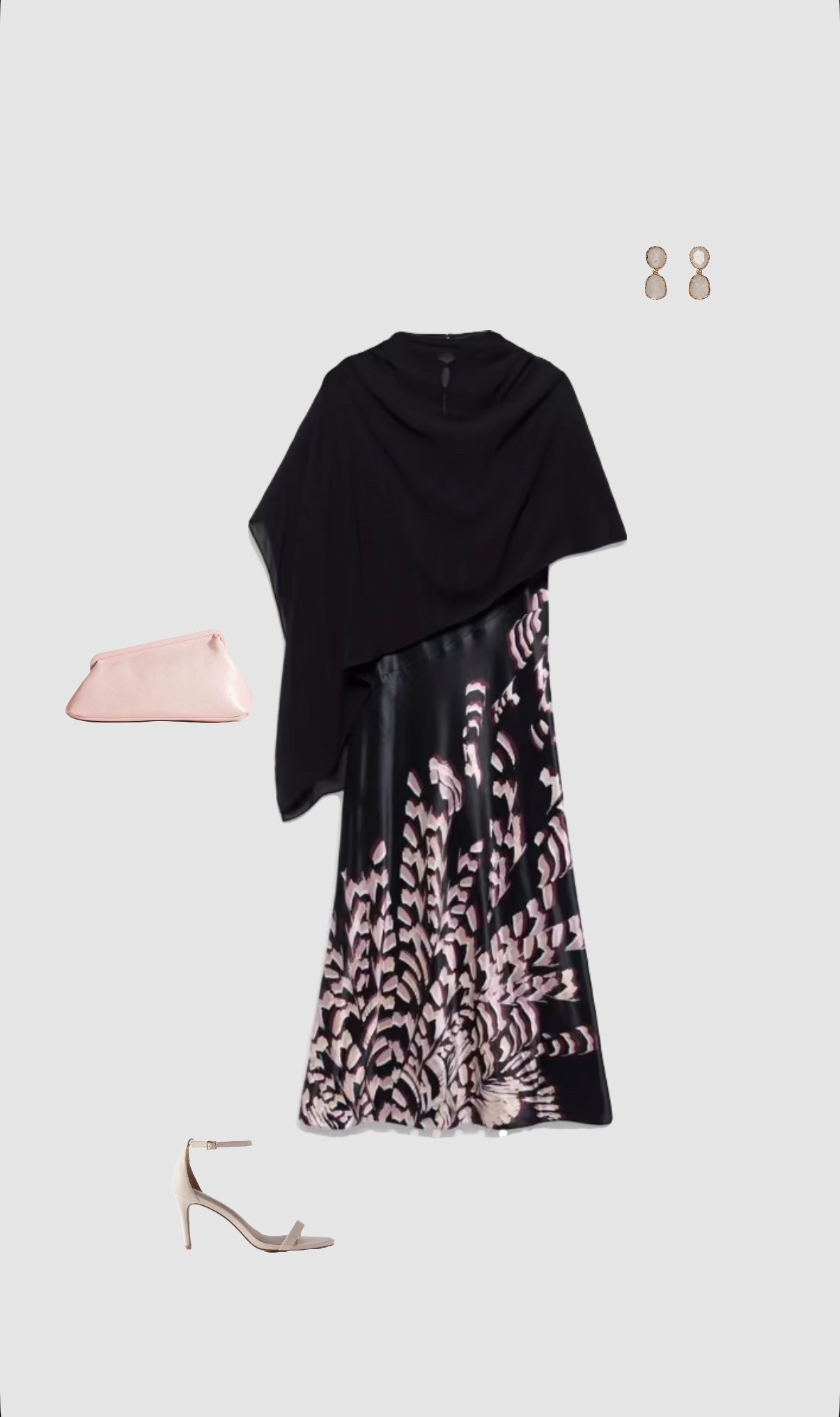 Black Satin Printed Cape Detail Maxi Dress, Pink Clutch Bag & Strappy Cream High Heels Autumn Wedding Guest Outfit 💒

• September wedding guest October wedding November December wedding occasionwear evening gown charity gala dress party outfits Christmas outfit uk 2026 women’s wedding guest dresses •

#LTKautumn #LTKuk #LTKwedding