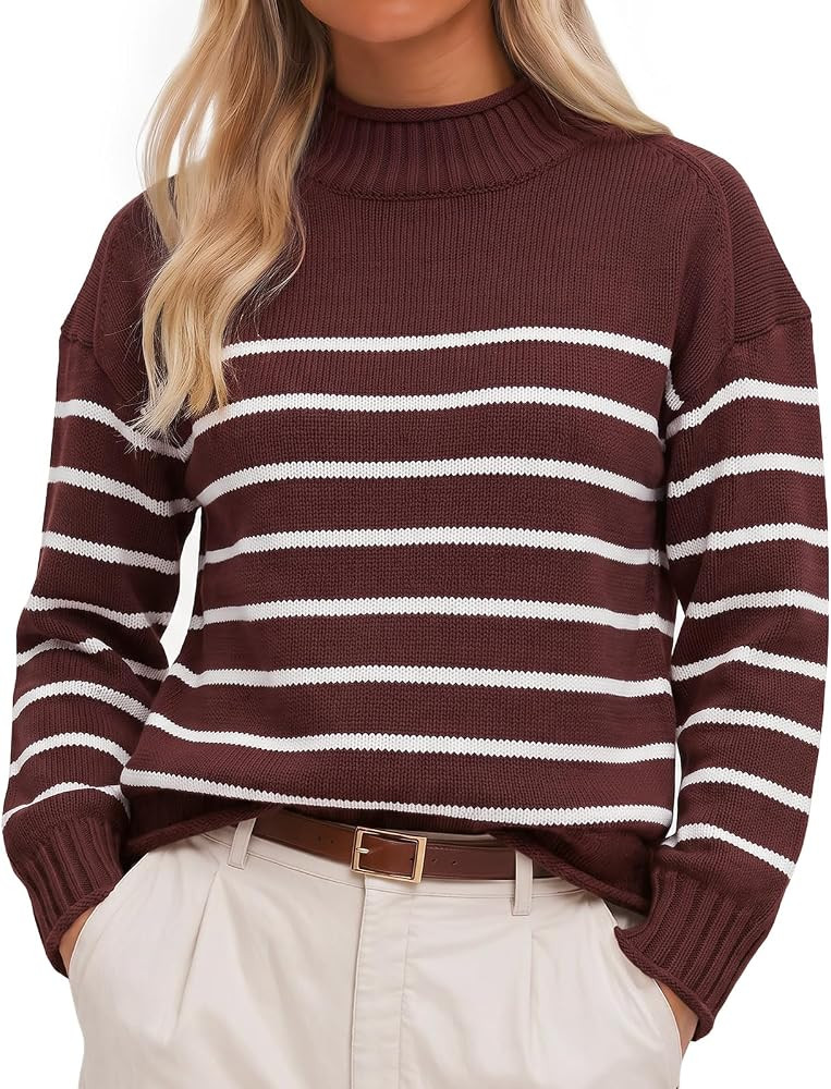 Womens Striped Sweater Mock Neck Long Sleeve Knit Pullover | Amazon (US)