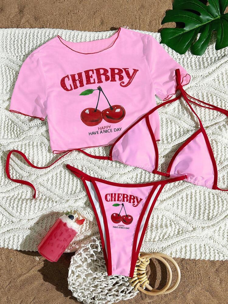 Swim Mod 3pcs Women Summer Beachwear Set: Cherry & Letter Graphic Spaghetti Strap Bikini Set With Sheer Mesh Chiffon Loose Cover Up T-Shirt Top | SHEIN