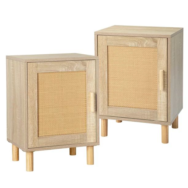 UBesGoo Rattan Nightstand Set of 2, End Table with Storage, Light Wood Rattan Accent Table for Li... | Walmart (US)