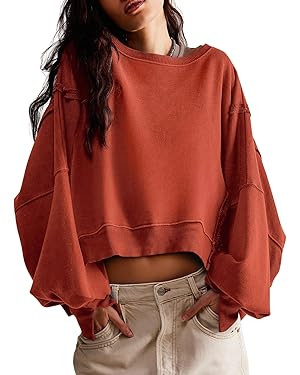 Zwurew Womens Casual Sweatshirt Long Sleeve Tops Crewneck Loose Fit Tee Pullover Crop Tshirt Side... | Amazon (US)