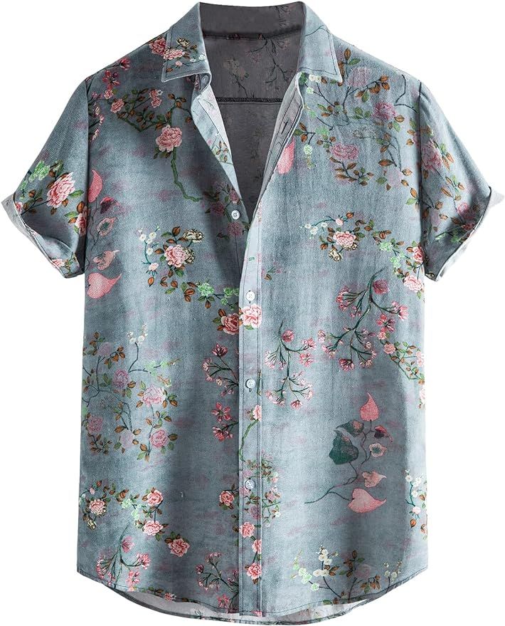 WDIRARA Men's Hawaiian Floral Print Button Front Shirts Short Sleeve Beach Tops | Amazon (US)
