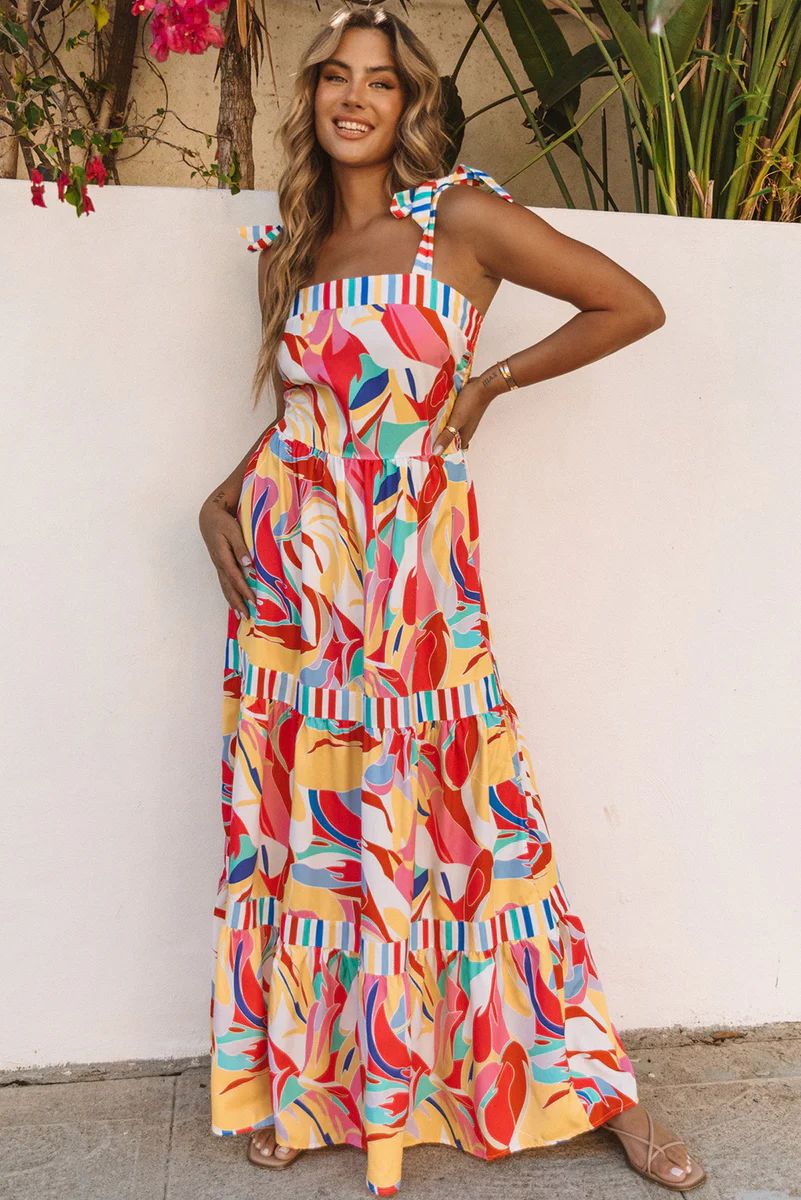 Multicolor Abstract Print Striped Trim Maxi Sundress | Jane Fashion INC.