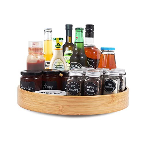 Lazy Susan Organizer 14 inch, Bamboo Lazy Susan for Table, Kitchen Turntable Organizer with Double Handles, Round Wood Rotating Turntable Spice Organizer for Countertop Cabinet or Pantry | Amazon (US)