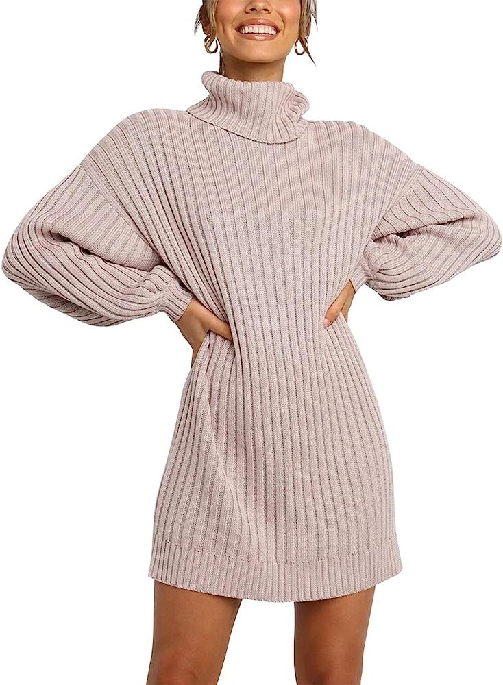 YIBOCK Women's Turtleneck Plaid Side Split Loose Checked Long Pullover Sweater Dress | Amazon (US)