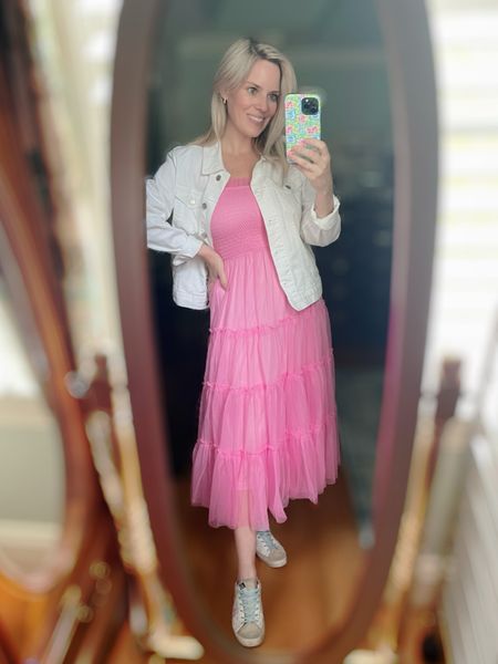 Casual styling of a pink tulle midi dress, golden goose, white denim jacket, hoop earrings, pearl earrings 

#LTKFindsUnder50 #LTKOver40 #LTKFindsUnder100