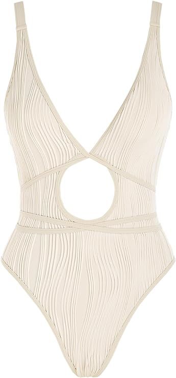 ZAFUL One Piece Swimsuit for Women Plunging Neck U Back Textured Criss Cross Tied One-Piece Bathi... | Amazon (US)