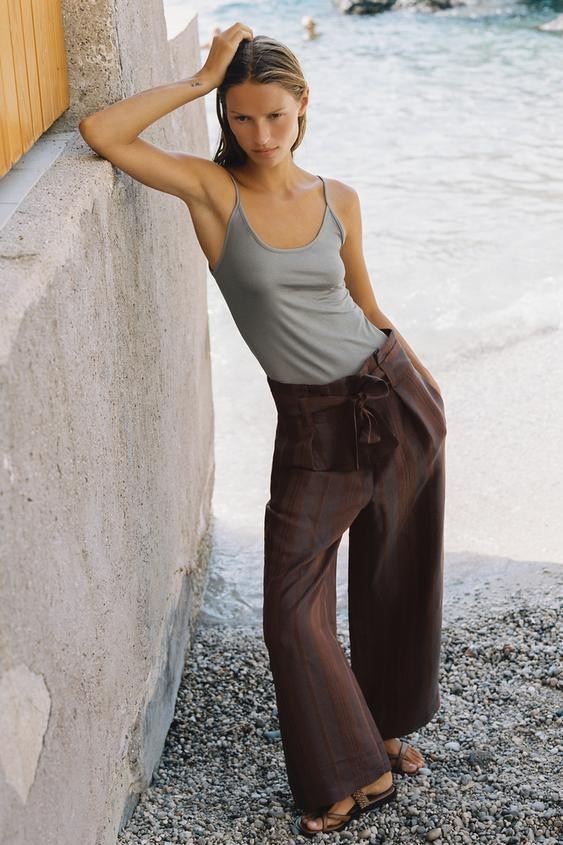 Zara - Striped Belted Paperbag Trousers - Brown - Xs - Woman | Zara US