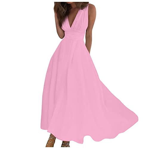 RTRDE Wedding Guest Dress, Solid Color Sleeveless Deep V-Neck Long Dress Beach Wrap Maxi Casual Summer Dress Clothing (L, Pink), Large | Amazon (US)