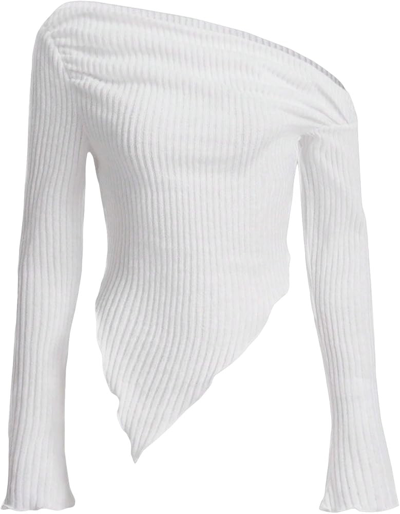 COZYEASE Women's Off Shoulder Long Sleeve Tops Asymmetrical Hem Slim Fit Ruched Ribbed Knit Crop ... | Amazon (US)