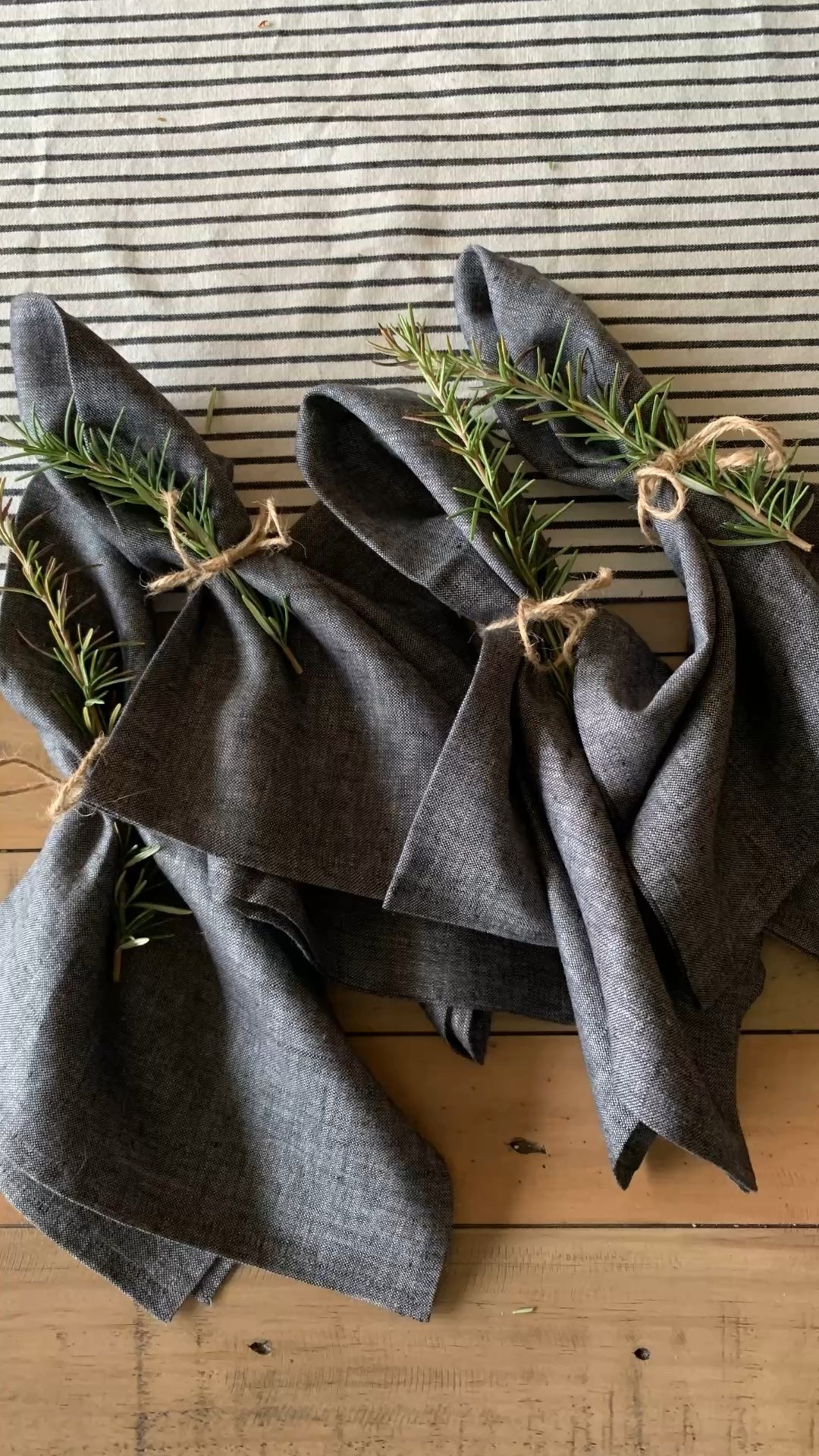 Easy and natural place setting napkin idea: 

1. Charcoal linen napkins
2. Rosemary sprig.
3. Jute twine string 



#LTKHome #LTKHoliday