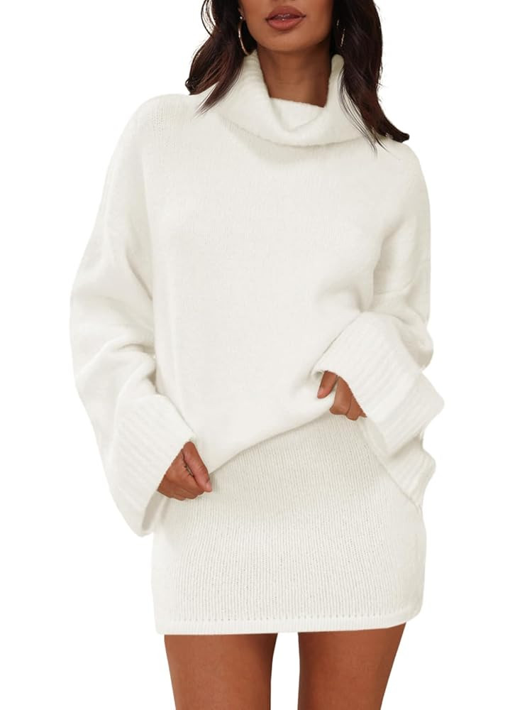 Langwyqu Womens 2 Piece Outfits Sweater Sets Turtleneck Oversized Sweaters and Mini Skirts Fall W... | Amazon (US)