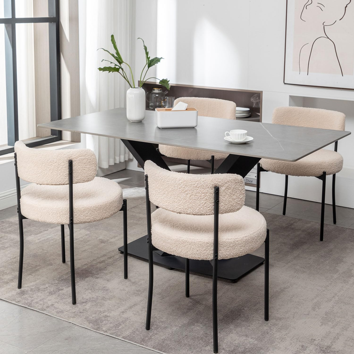 Boucle Dining Chairs Set of 4, Upholstered Dining Room Chairs with Black Metal Legs, Round Modern... | Amazon (US)