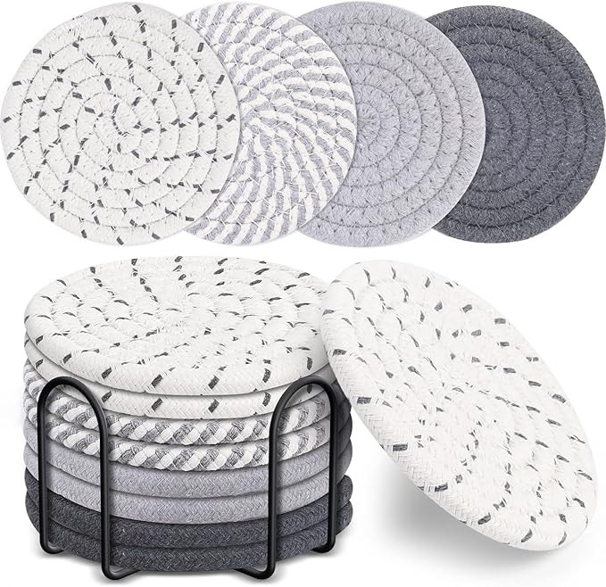 Mckanti 8 Pcs Drink Coasters with Holder, 4 Colors Absorbent Coasters for Drinks, Minimalist Cott... | Amazon (US)