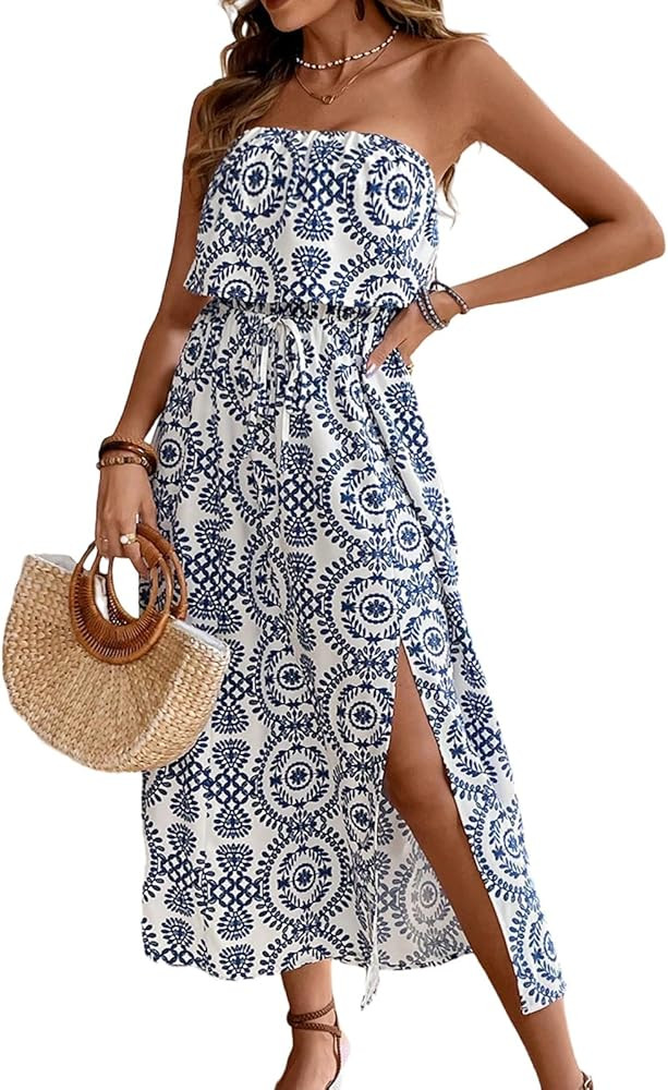 Women's Ruffle Floral Maxi Summer Casual Dress Off Shoulder Wedding Guest Slit Hem Beach Prom Dre... | Amazon (US)