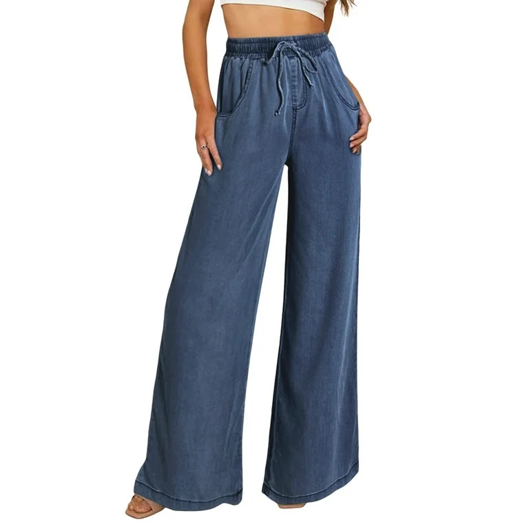 FARYSAYS Summer Jeans for Women Wide Leg Jeans Drawstring High Waisted Loose Denim Pants Loose De... | Walmart (US)