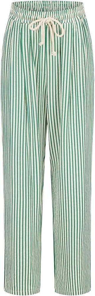 XIBAOBAO Women's Striped Wide Leg Lounge Pants Pinstripe Drawstring Lightweight Petite Trousers | Amazon (US)