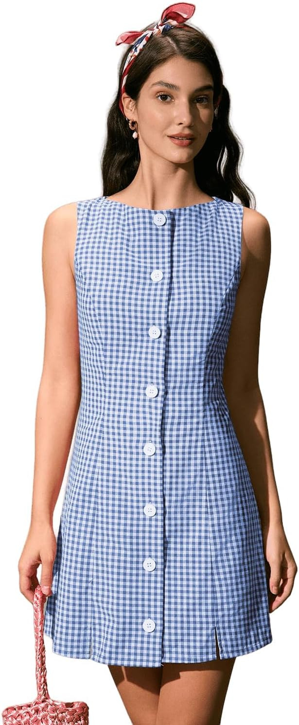 BERLOOK Women's Boat Neck Mini Dress Elegant Cocktail Out Fit Plaid Cotton Dresses | Amazon (US)