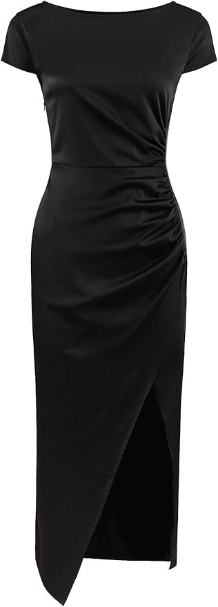 Women's Boat Neck Dress Party Cap Sleeve Side Split Ruched Satin Dresses | Amazon (US)
