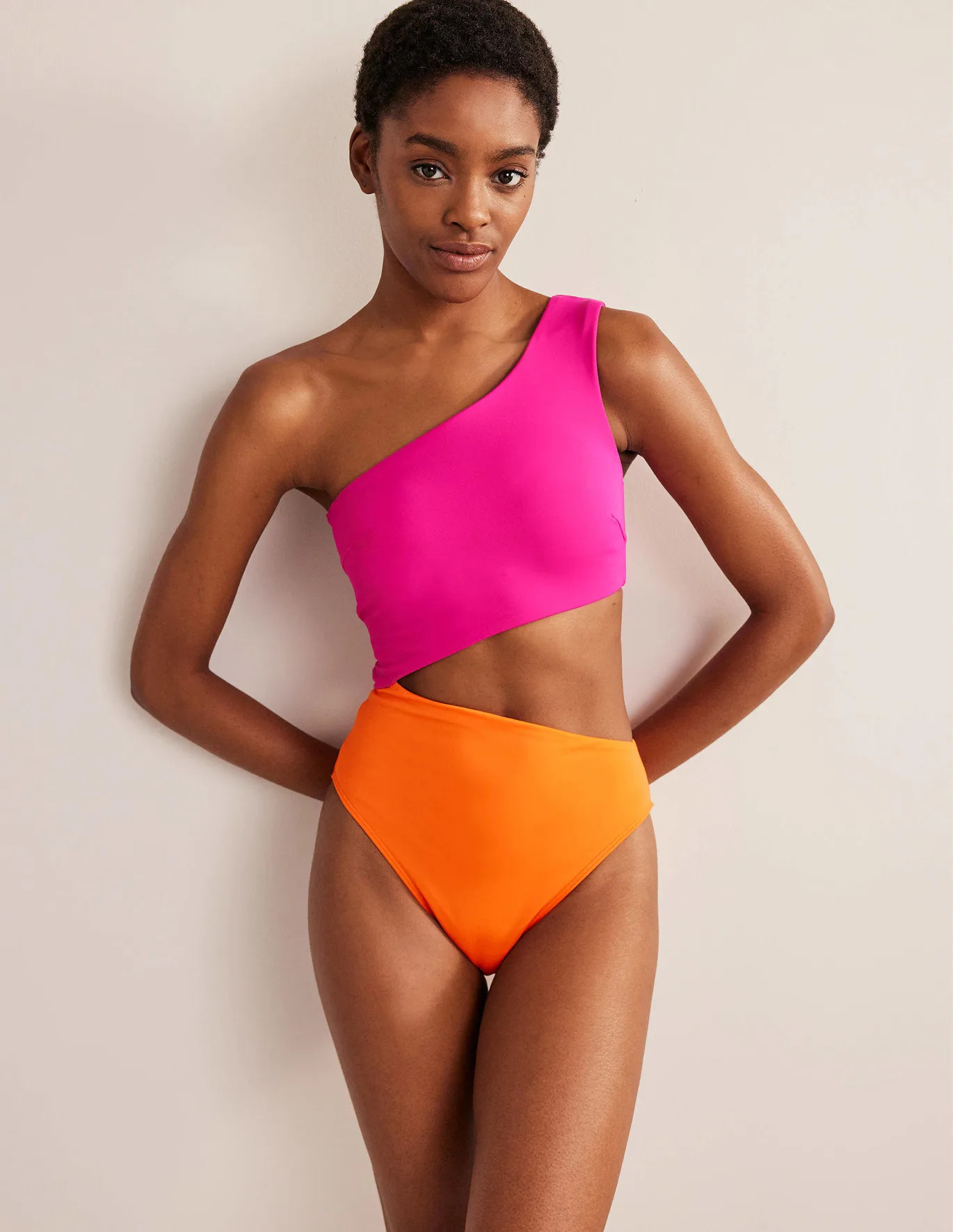 One Shoulder Cut Out Swimsuit - Pink Colourblock | Boden US | Boden (US)