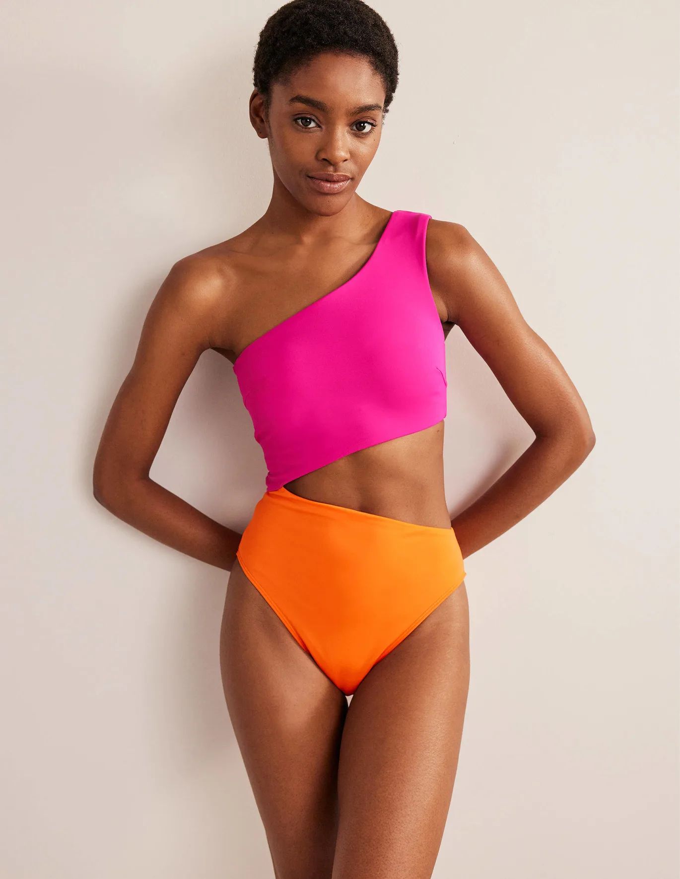 One Shoulder Cut Out Swimsuit - Pink Colourblock | Boden US | Boden (US)