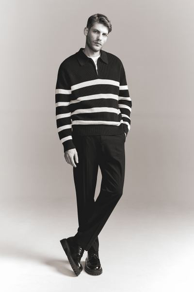 Loose Fit Zip-top polo jumper - Navy blue/Striped - Men | H&M GB | H&M (UK, MY, IN, SG, PH, TW, HK)
