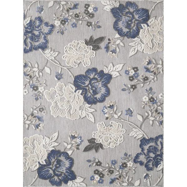Floral Machine Woven Indoor / Outdoor Area Rug in Grey/Blue/White | Wayfair North America