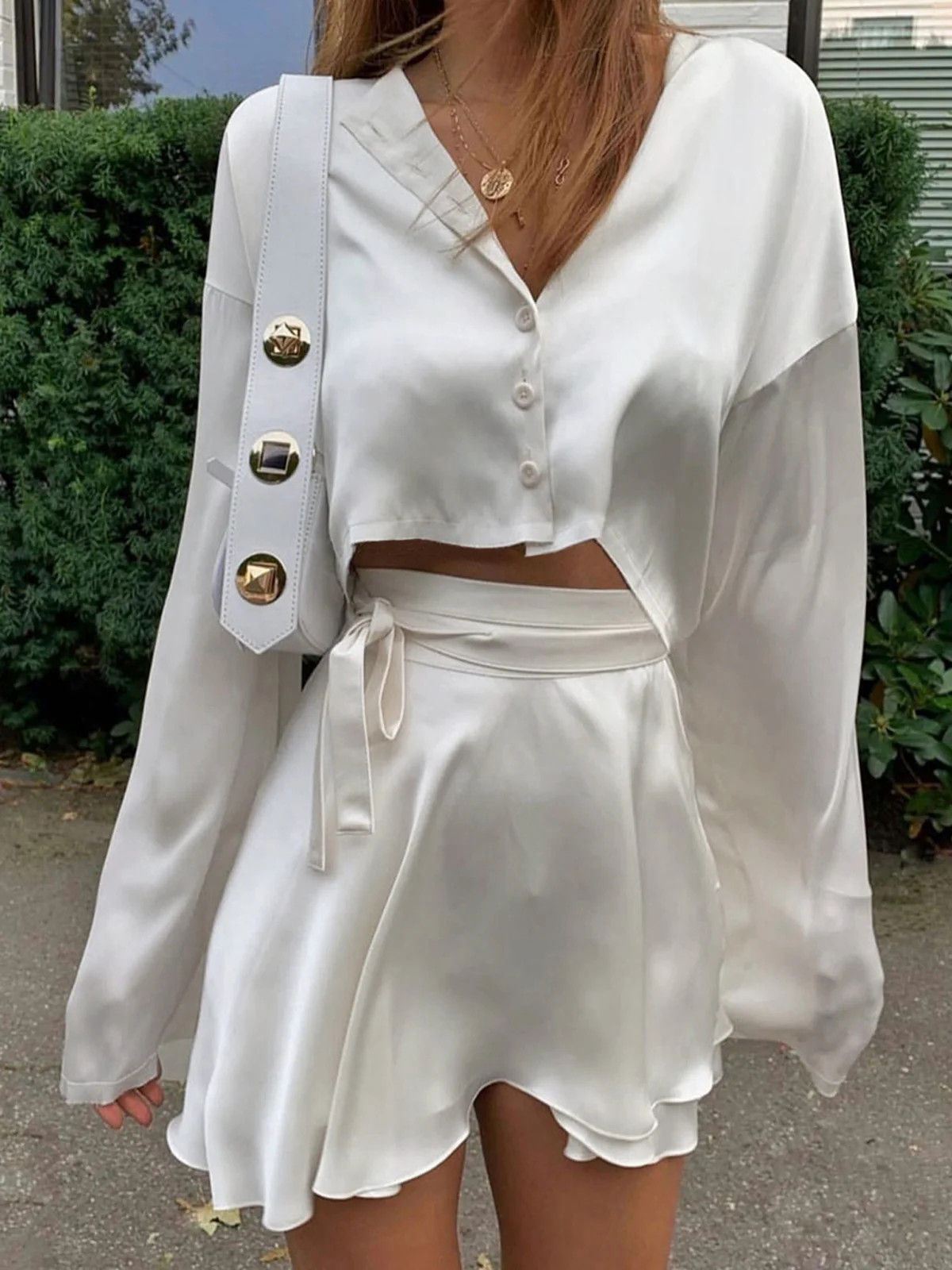Satin Raw Hem Tied Two Piece Skirt Set | Commense