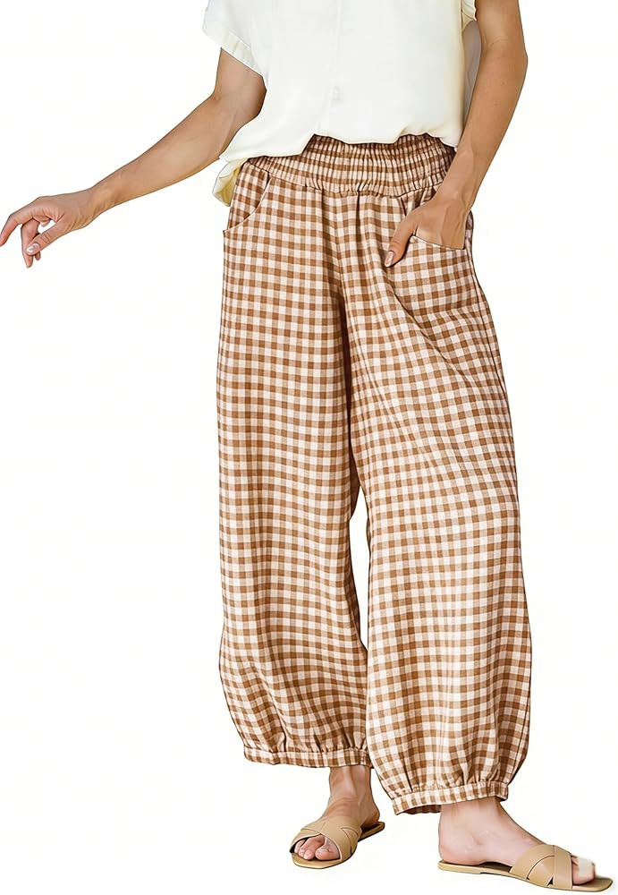 Faleave Women's Wide Leg Pants Gingham Plaid Casual High Waisted Cotton Barrel Pants Comfy Summer... | Amazon (US)
