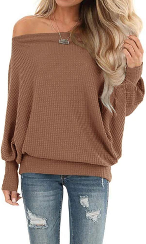 Lacozy Women's Waffle Knit Off The Shoulder Tops Oversized Long Sleeve Tunic Shirts Pullover Swea... | Amazon (US)