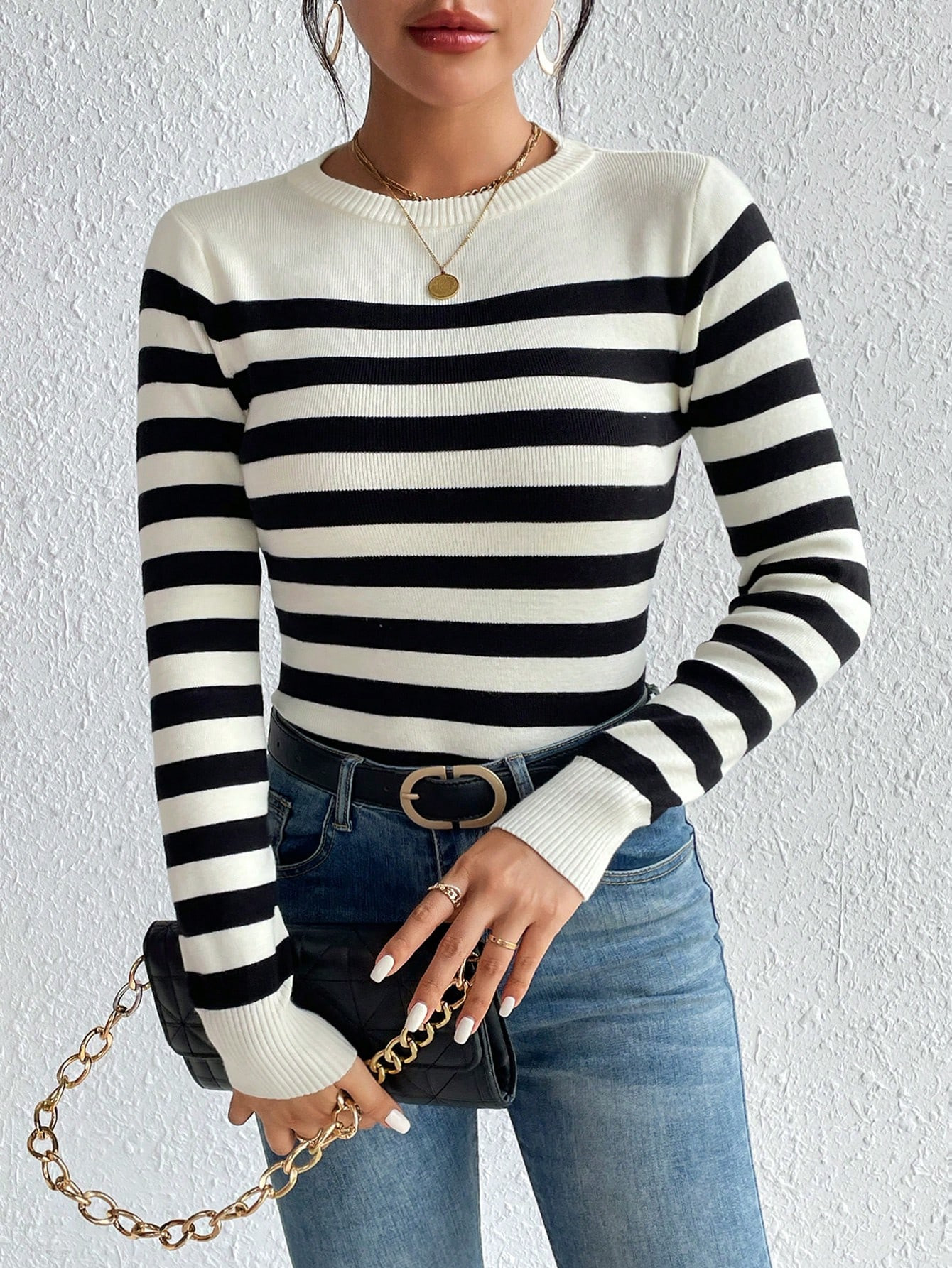 SHEIN Frenchy Striped Pattern Ribbed Knit Sweater | SHEIN