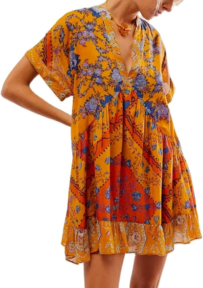 Women Bohemian Floral Mini Dress Boho Puff Sleeve Flowy Sundress V Neck Ruffle Short Dress Summer... | Amazon (US)