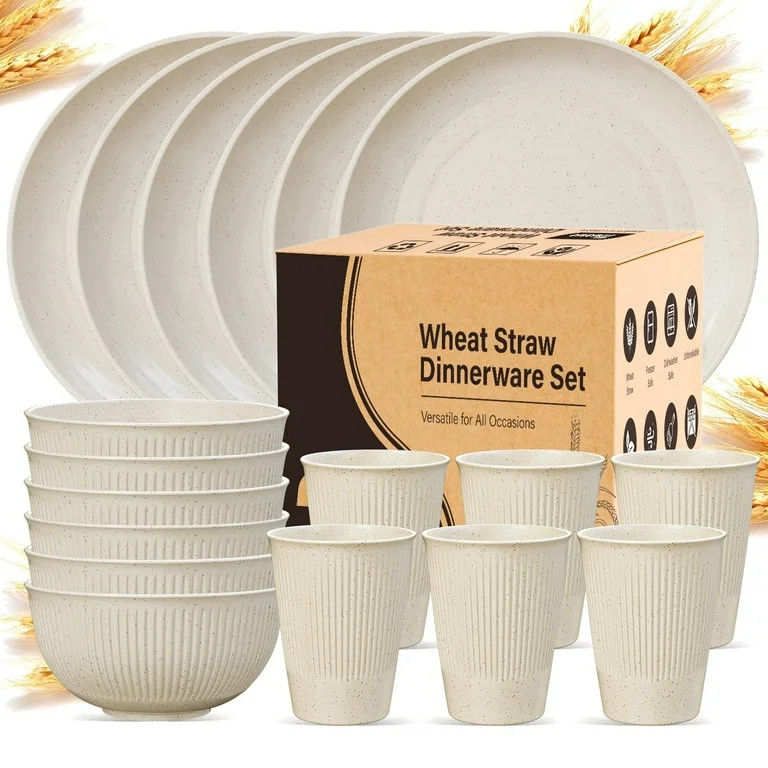 TINANA Wheat Straw Dinnerware Sets, Service for 6, 18 PCS Unbreakable Plastic Dinnerware, Freezer... | Walmart (US)