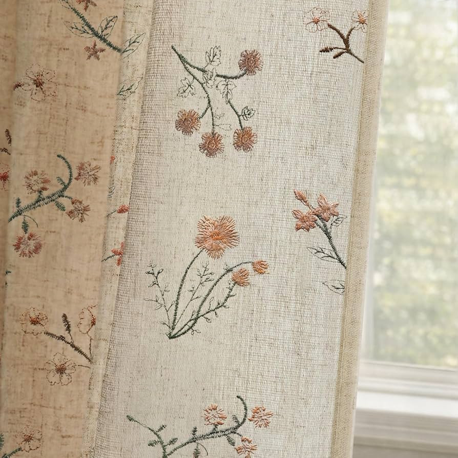 Floral Embroidered Linen Blend Curtains for Bedroom, 84 Inch Light Filtering Spring Farmhouse Vin... | Amazon (US)