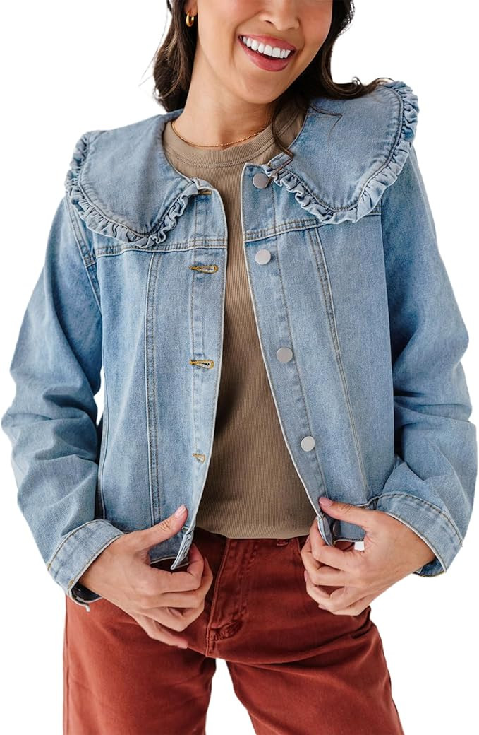 Kedera Women's Jean Jacket Cropped Denim Jacket Long Sleeve Peter Pan Collar Button Down Jean Shi... | Amazon (US)
