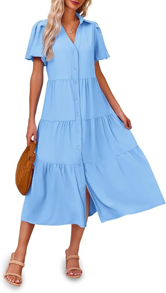 Fisoew Womens Button Down Shirt Dress Summer Casual Puff Short Sleeve V Neck Flowy Midi Dresses | Amazon (US)