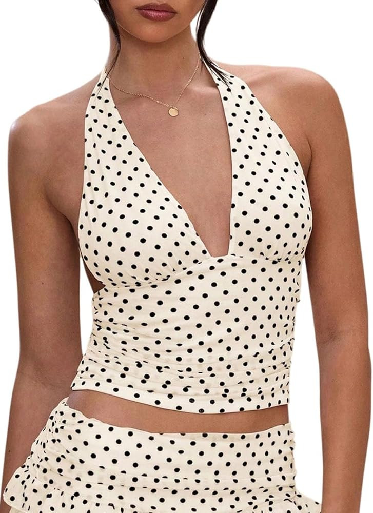 Milumia Women's Polka Dots Tie Backless Mesh Halter Crop Top Deep V Neck Ruched Party Club Tank T... | Amazon (US)