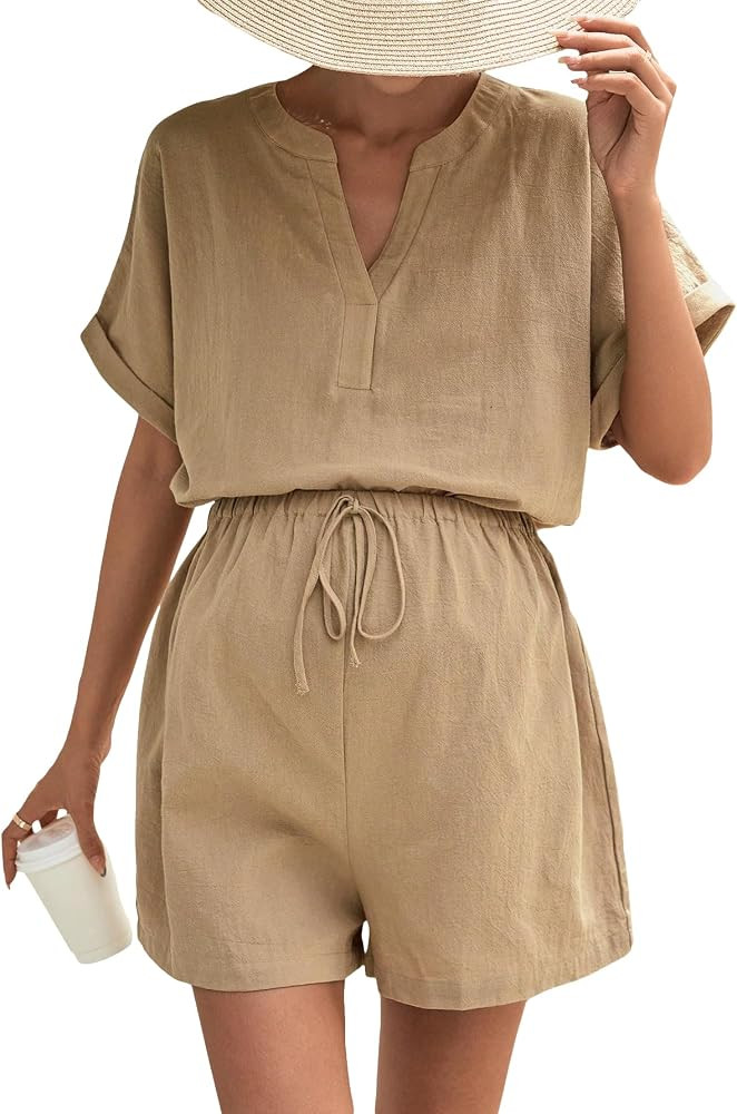 Milumia Women's Maternity 2 Piece Outfits Short Sleeve Notched Neck Blouse and Shorts Sets | Amazon (US)